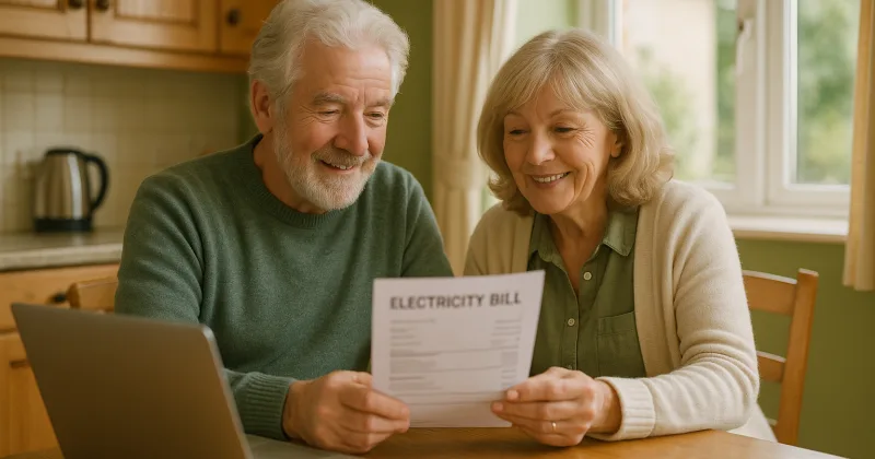 An elderly Irish couple reviewing their electricity bill at a kitchen table