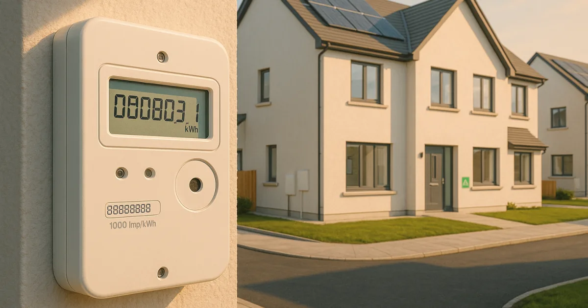 A modern Irish housing estate with a digital smart meter on the exterior wall of a new-build home