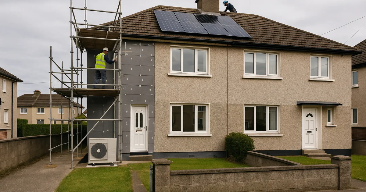 Irish semi-detached house undergoing energy retrofit with scaffolding, heat pump and solar panels being installed
